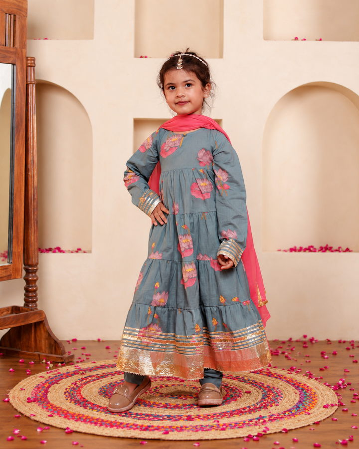 Girls Blue-Grey Lotus Bloom Tiered Festive Anarkali Kurti & Pant Set (Set of 3)