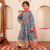 Girls Blue-Grey Lotus Bloom Tiered Festive Anarkali Kurti & Pant Set (Set of 3)