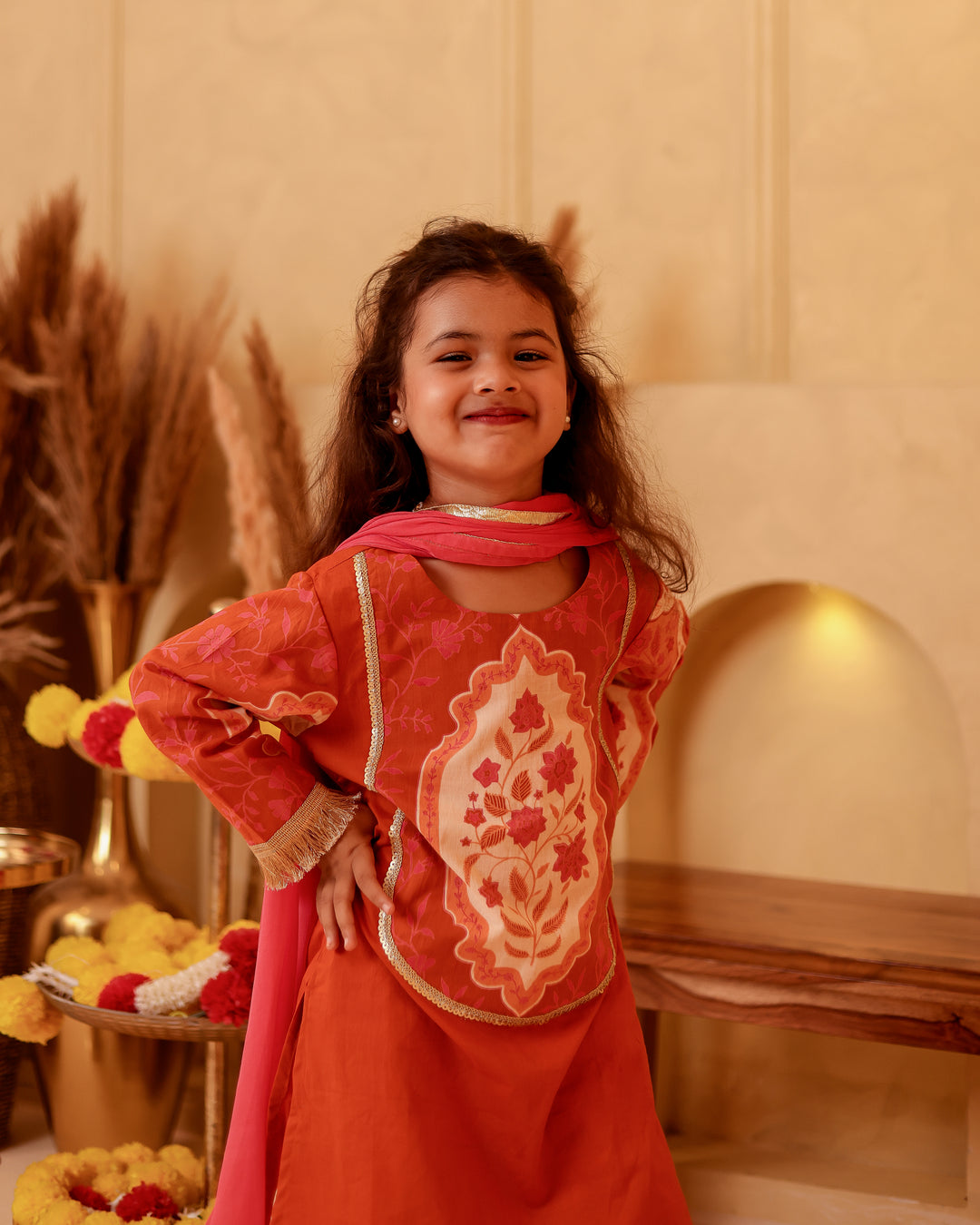 Girls Terracotta Mughal Motif Tiered Sharara Set with Dupatta (Set of 3)