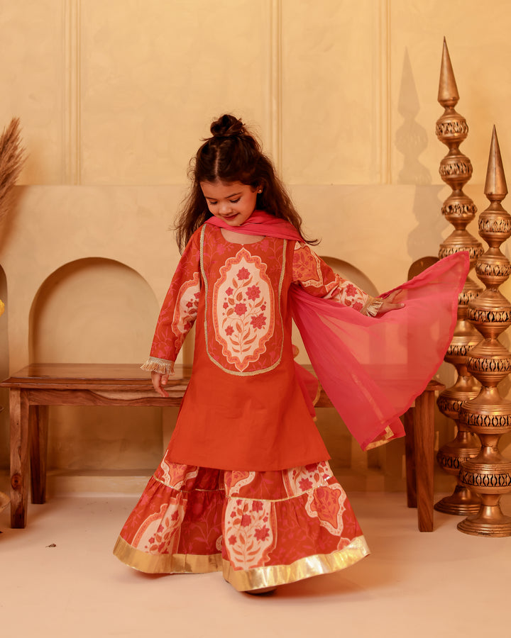 Girls Terracotta Mughal Motif Tiered Sharara Set with Dupatta (Set of 3)