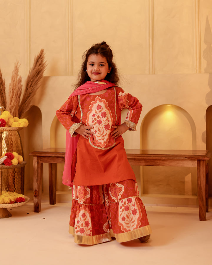 Girls Terracotta Mughal Motif Tiered Sharara Set with Dupatta (Set of 3)