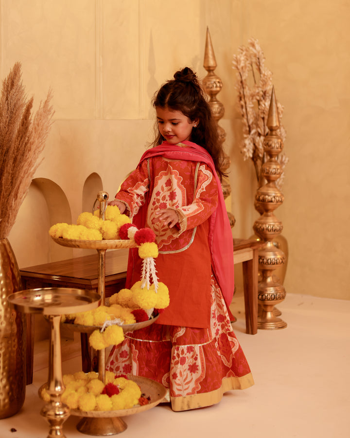 Girls Terracotta Mughal Motif Tiered Sharara Set with Dupatta (Set of 3)