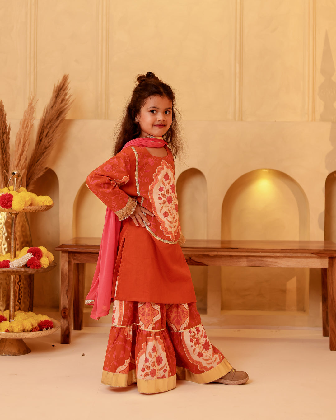 Girls Terracotta Mughal Motif Tiered Sharara Set with Dupatta (Set of 3)