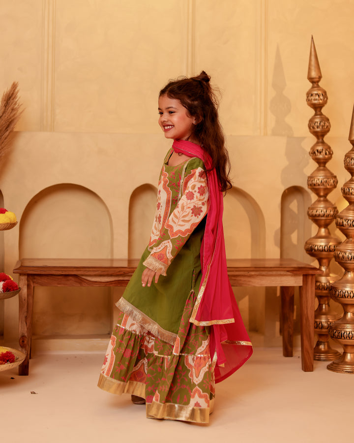 Girls Mehendi Green Mughal Motif Tiered Sharara Set with Dupatta (Set of 3)