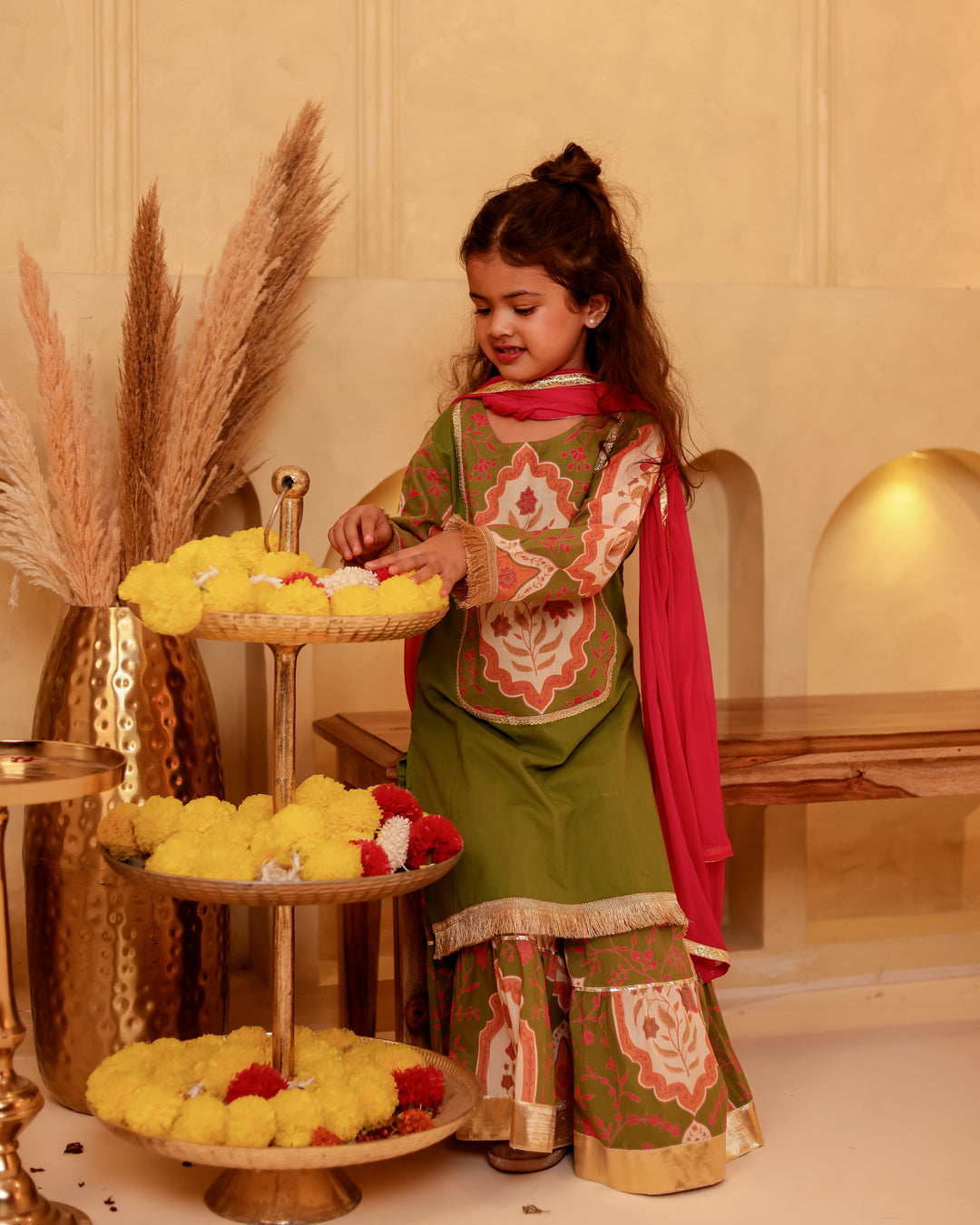 Girls Mehendi Green Mughal Motif Tiered Sharara Set with Dupatta (Set of 3)