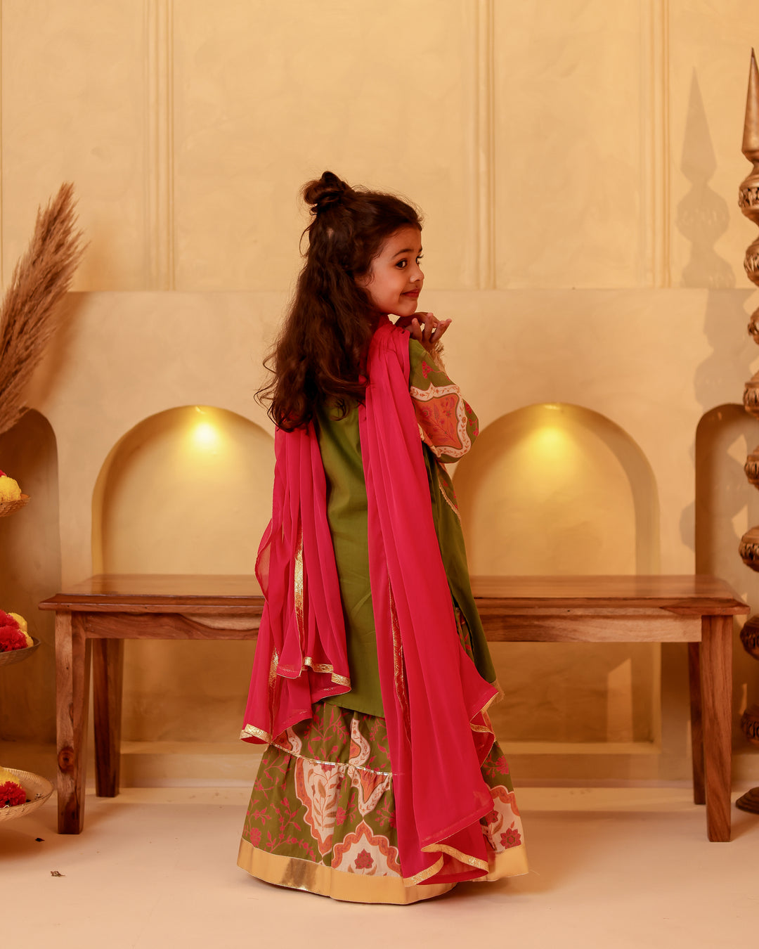Girls Mehendi Green Mughal Motif Tiered Sharara Set with Dupatta (Set of 3)