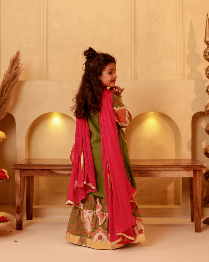 Girls Mehendi Green Mughal Motif Tiered Sharara Set with Dupatta (Set of 3)