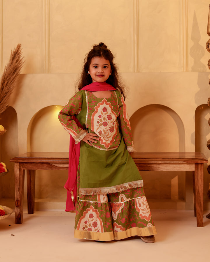 Girls Mehendi Green Mughal Motif Tiered Sharara Set with Dupatta (Set of 3)