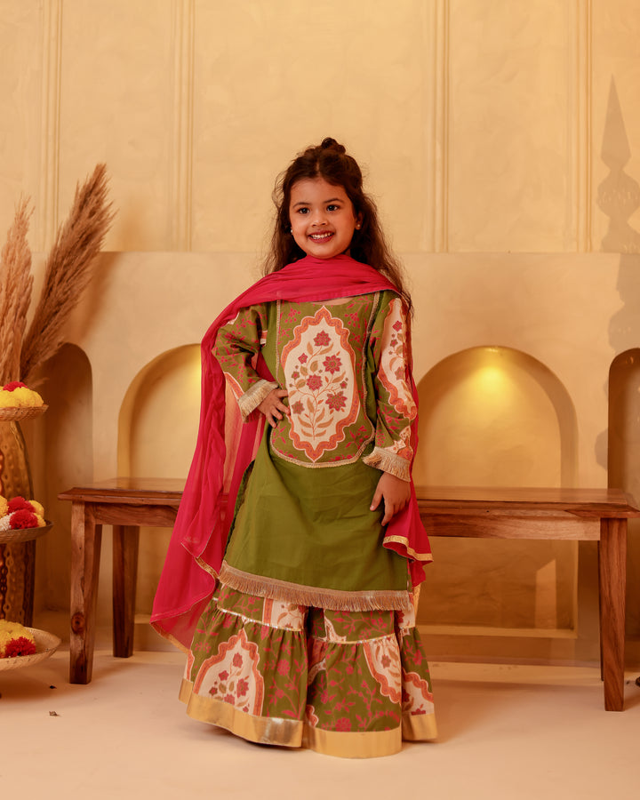 Girls Mehendi Green Mughal Motif Tiered Sharara Set with Dupatta (Set of 3)