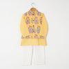 BOYS YELLOW BUTA JACKET WITH YELLOW KURTA AND WHITE PAJAMA (SET OF 3)