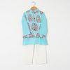 BOYS BLUE BUTA JACKET WITH BLUE KURTA AND WHITE PAJAMA (SET OF 3)