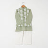 BOYS PASTEL GREEN WHITE BUTI JACKET WITH GREEN KURTA AND WHITE PAJAMA (SET OF 3)