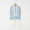BOYS POWDER BLUE WHITE BUTI JACKET WITH BLUE KURTA AND WHITE PAJAMA (SET OF 3)