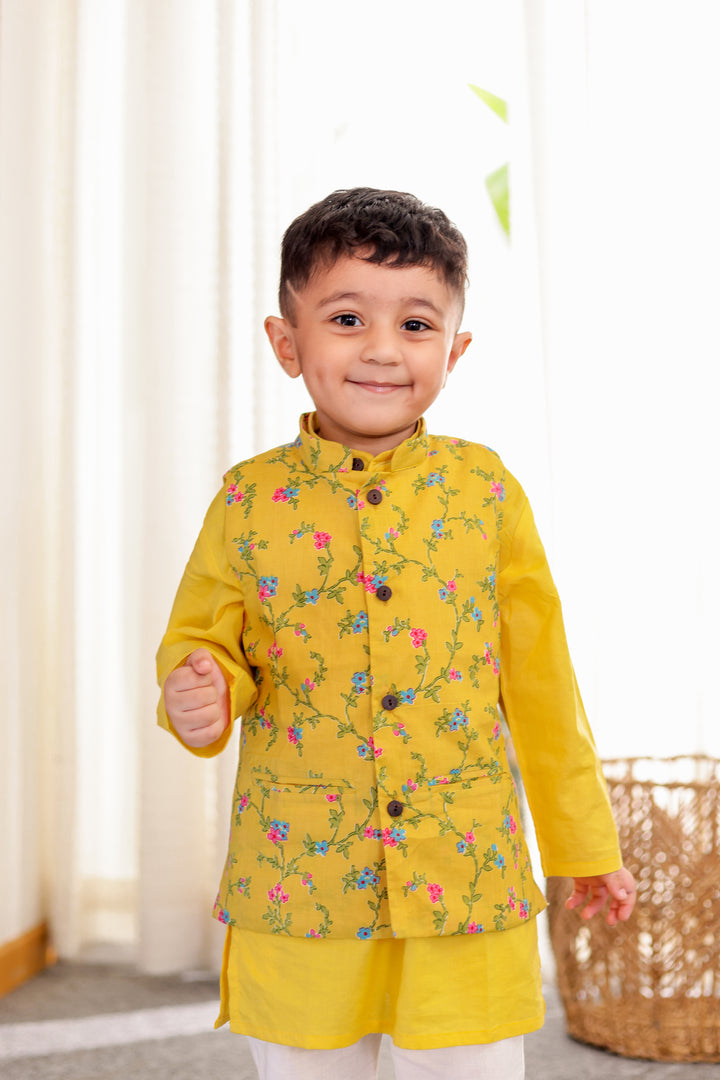 BOYS YELLOW FLORAL JACKET WITH YELLOW KURTA AND PAJAMA (SET OF 3)