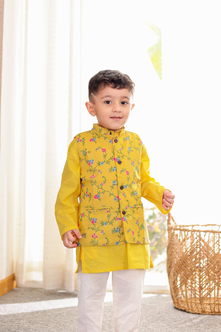 BOYS YELLOW FLORAL JACKET WITH YELLOW KURTA AND PAJAMA (SET OF 3)