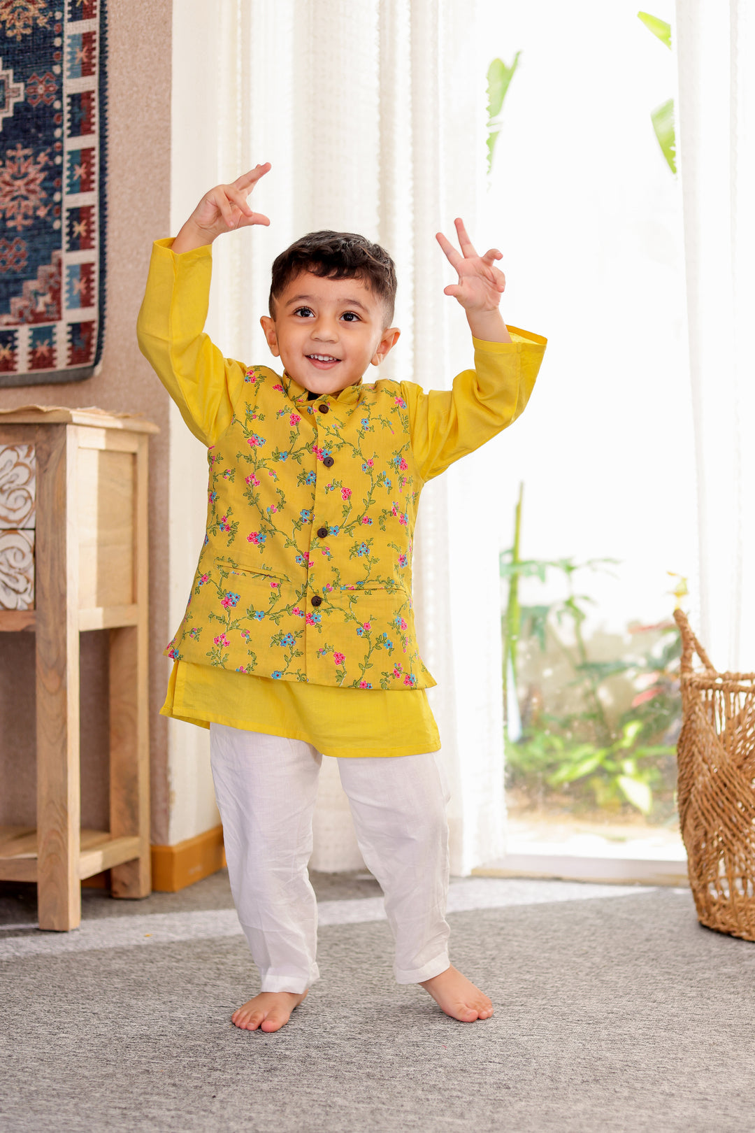 BOYS YELLOW FLORAL JACKET WITH YELLOW KURTA AND PAJAMA (SET OF 3)