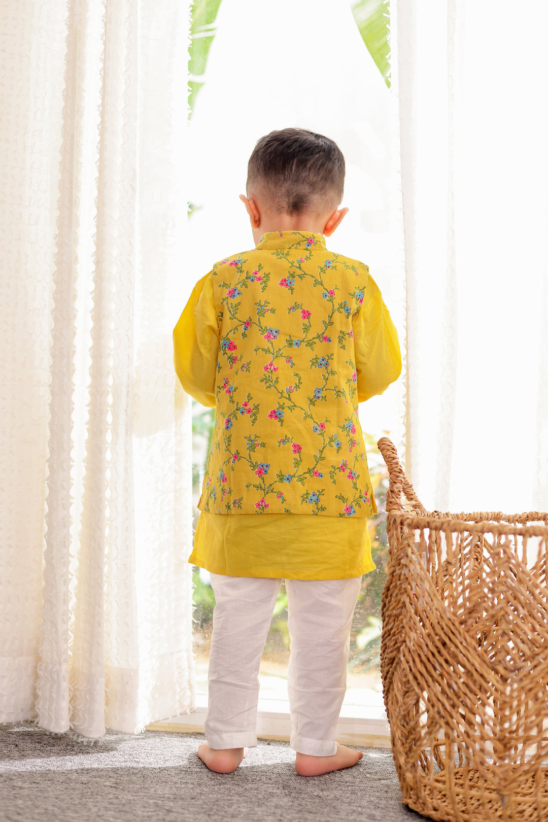 BOYS YELLOW FLORAL JACKET WITH YELLOW KURTA AND PAJAMA (SET OF 3)