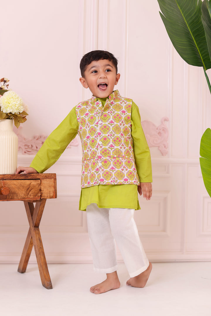BOYS GREEN PINK FLORAL JACKET WITH GREEN KURTA AND PAJAMA (SET OF 3)
