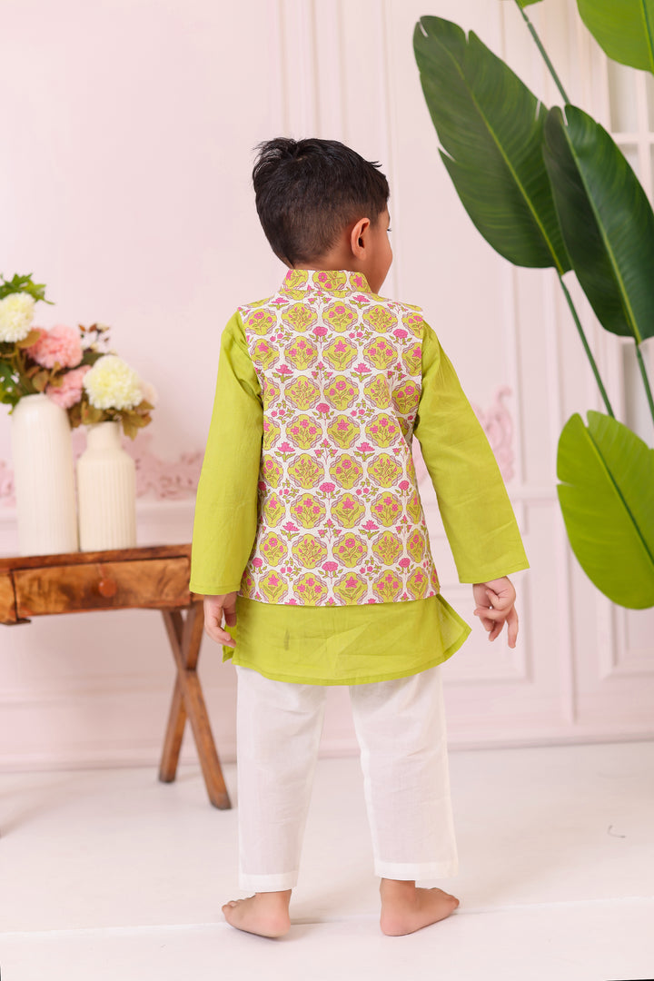 BOYS GREEN PINK FLORAL JACKET WITH GREEN KURTA AND PAJAMA (SET OF 3)