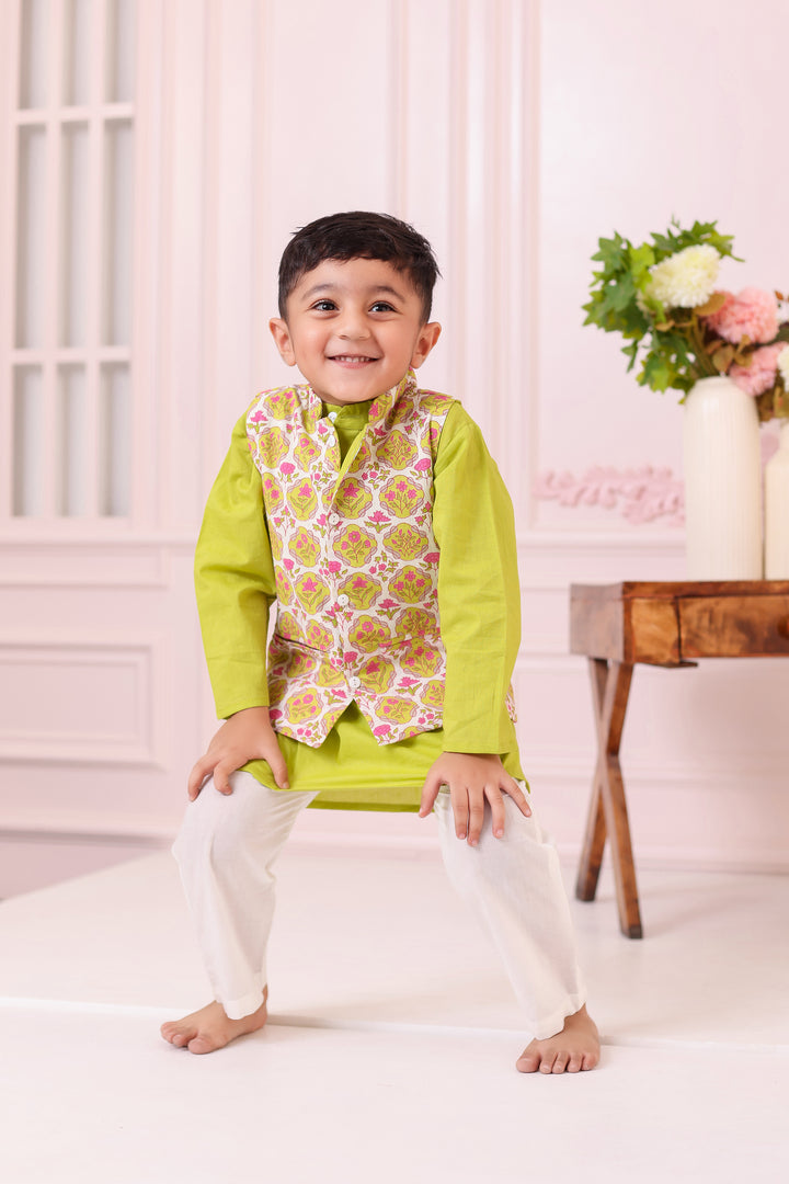 BOYS GREEN PINK FLORAL JACKET WITH GREEN KURTA AND PAJAMA (SET OF 3)