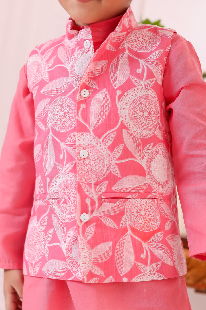BOYS LIGHT PINK FLORAL JACKET WITH PINK KURTA AND PAJAMA (SET OF 3)