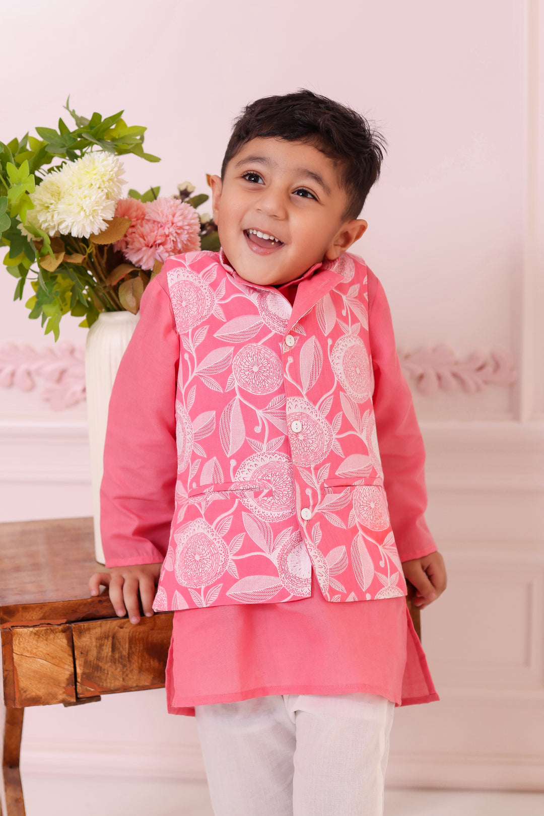 BOYS LIGHT PINK FLORAL JACKET WITH PINK KURTA AND PAJAMA (SET OF 3)