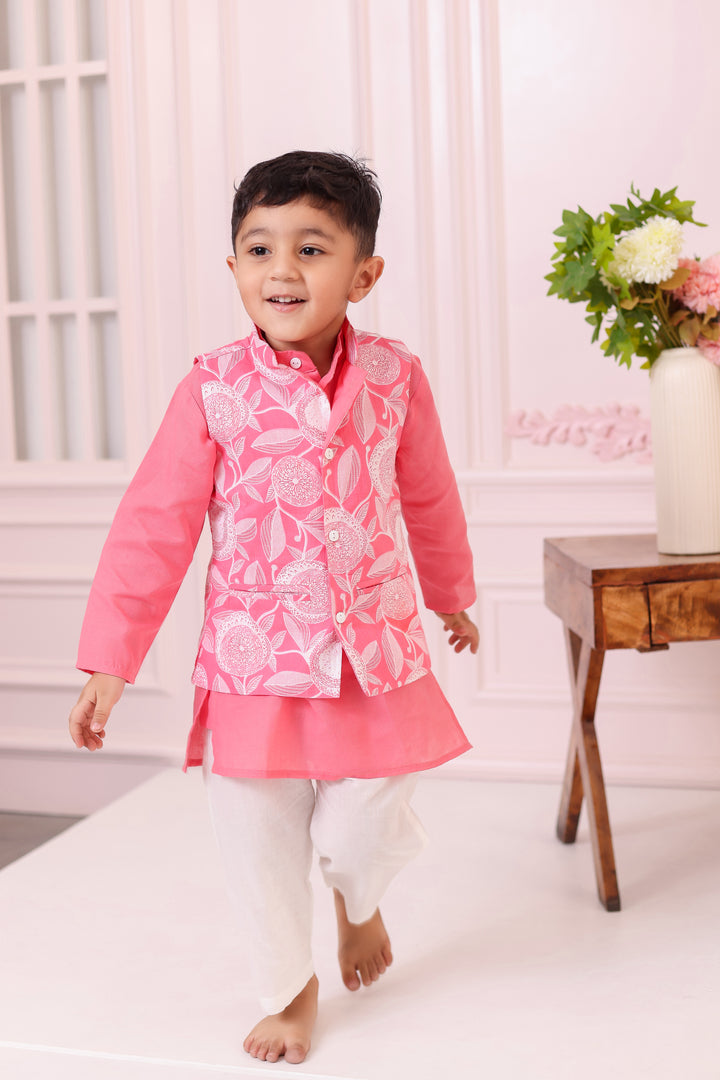 BOYS LIGHT PINK FLORAL JACKET WITH PINK KURTA AND PAJAMA (SET OF 3)
