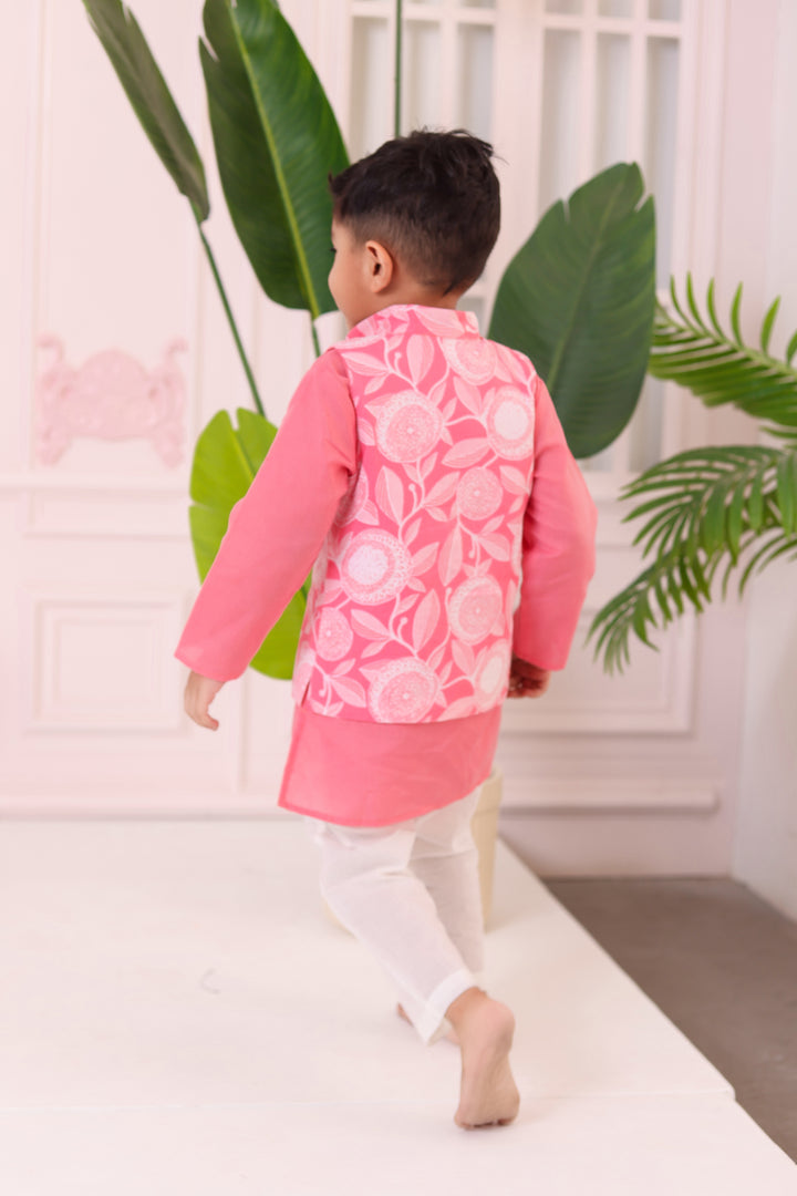 BOYS LIGHT PINK FLORAL JACKET WITH PINK KURTA AND PAJAMA (SET OF 3)