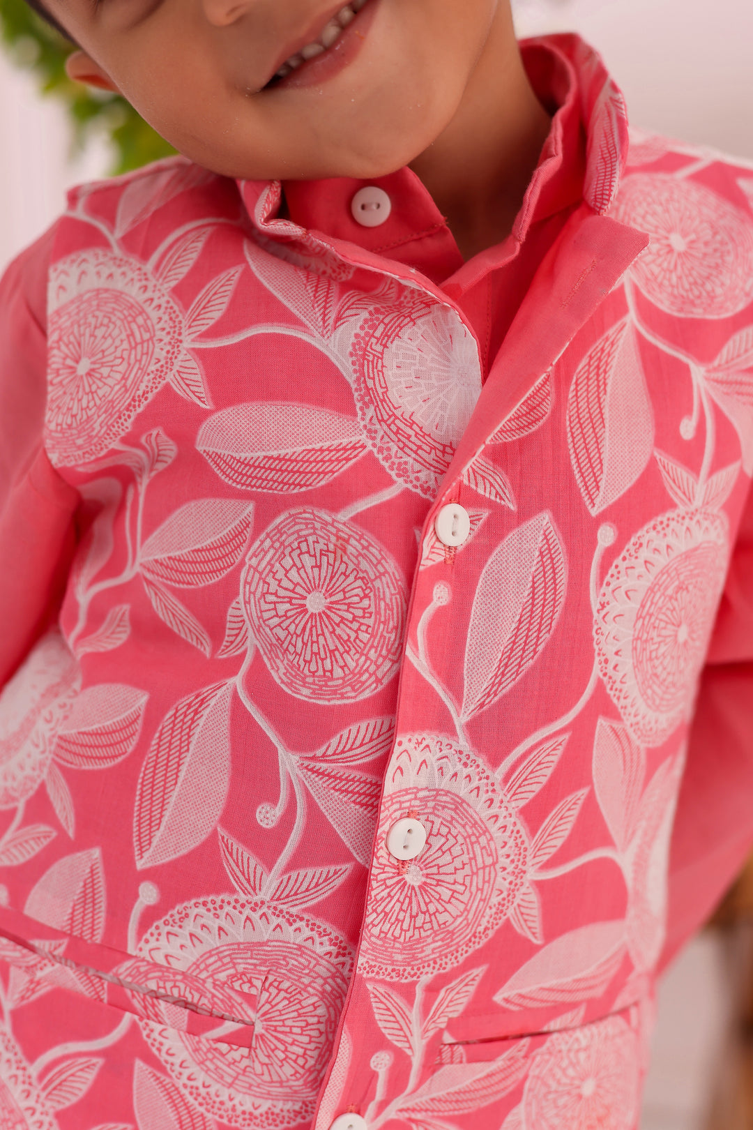 BOYS LIGHT PINK FLORAL JACKET WITH PINK KURTA AND PAJAMA (SET OF 3)