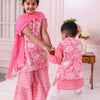 BOYS LIGHT PINK FLORAL JACKET WITH PINK KURTA AND PAJAMA (SET OF 3) + GIRLS PINK FLORAL KURTI WITH PINK LEHERIYA SHARARA AND DUPATTA (SET OF3)