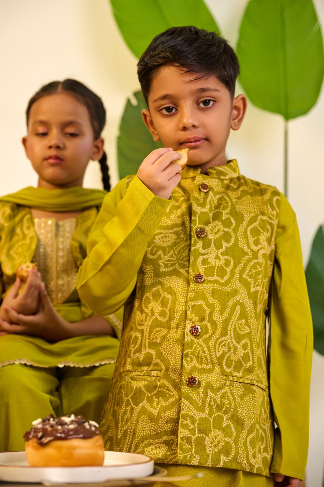 BOYS GREEN MUSLIN JACKET WITH GREEN KURTA AND PAJAMA (SET OF 3) + GIRLS GREEN MUSLIN KURTI PANT WITH SHORT JACKET AND DUPATTA (SET OF 3)