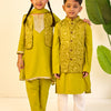 BOYS GREEN MUSLIN JACKET WITH GREEN KURTA AND PAJAMA (SET OF 3) + GIRLS GREEN MUSLIN KURTI PANT WITH SHORT JACKET AND DUPATTA (SET OF 3)