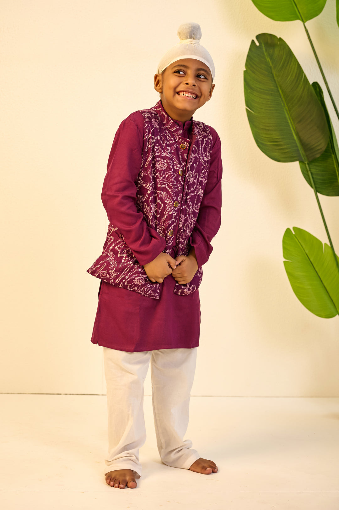 BOYS PURPLE MUSLIN JACKET WITH PURPLE KURTA AND PAJAMA (SET OF 3)