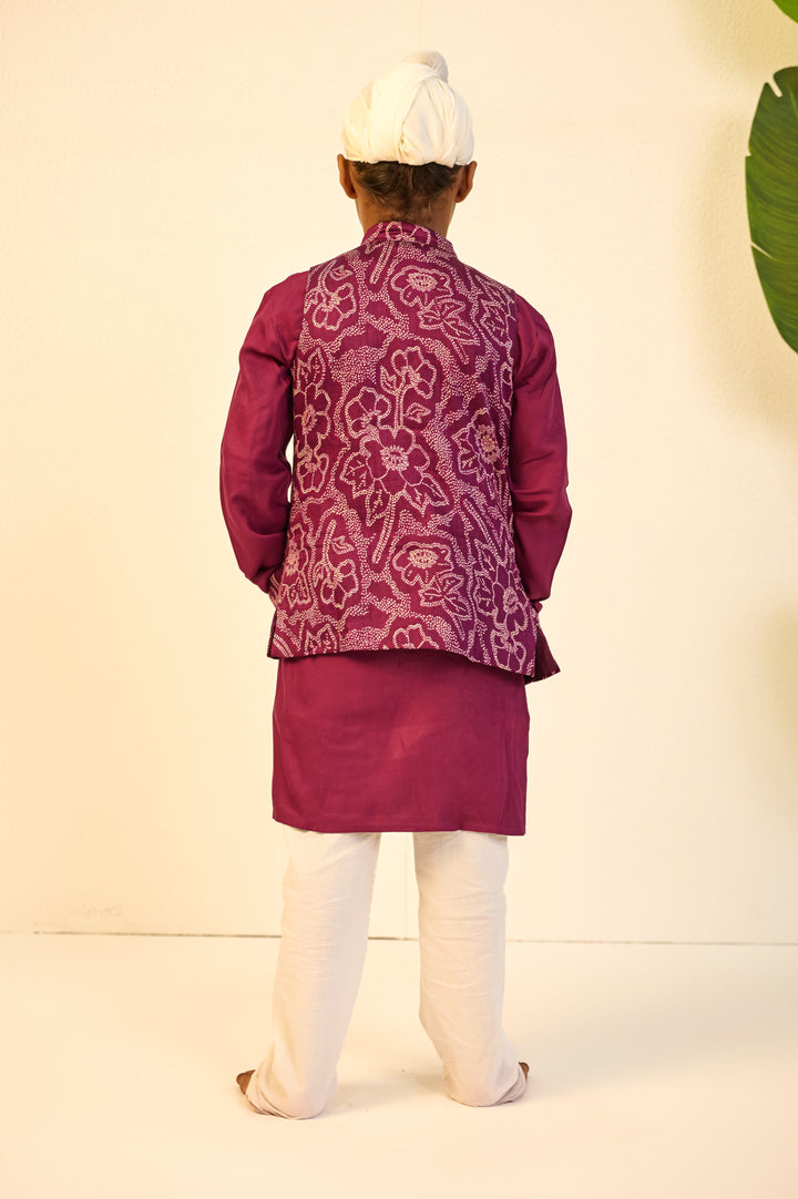 BOYS PURPLE MUSLIN JACKET WITH PURPLE KURTA AND PAJAMA (SET OF 3)
