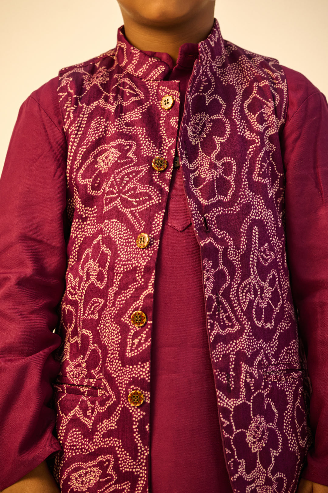 BOYS PURPLE MUSLIN JACKET WITH PURPLE KURTA AND PAJAMA (SET OF 3)