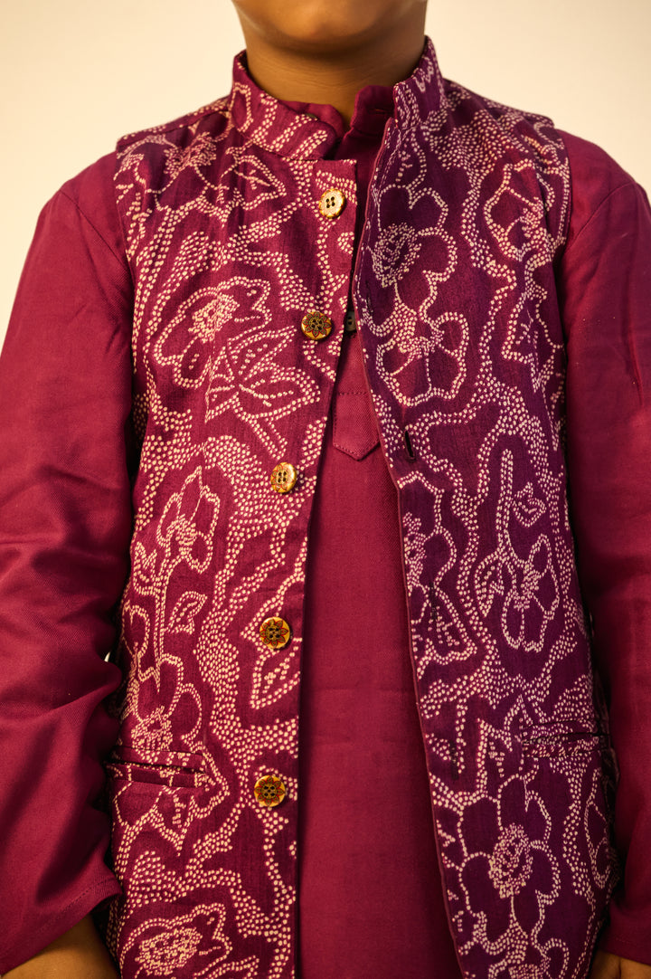 BOYS PURPLE MUSLIN JACKET WITH PURPLE KURTA AND PAJAMA (SET OF 3)