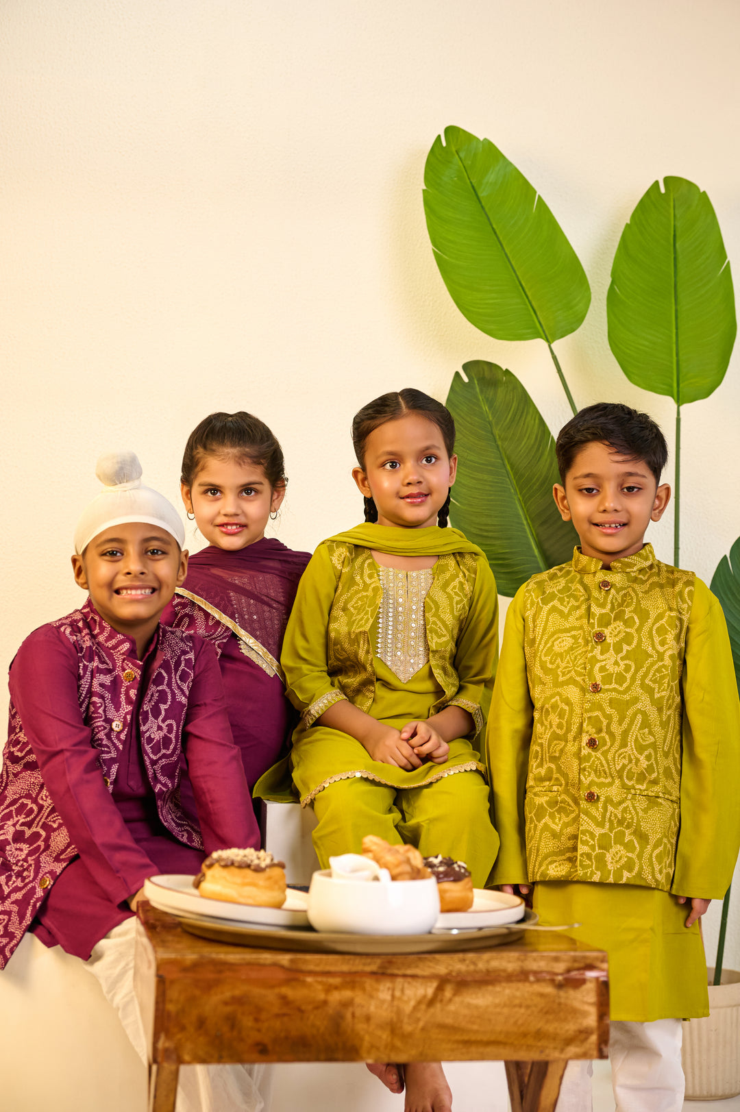 BOYS PURPLE MUSLIN JACKET WITH PURPLE KURTA AND PAJAMA (SET OF 3) + GIRLS PURPLE MUSLIN KURTI PANT WITH SHORT JACKET AND DUPATTA (SET OF 3)