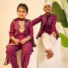 BOYS PURPLE MUSLIN JACKET WITH PURPLE KURTA AND PAJAMA (SET OF 3) + GIRLS PURPLE MUSLIN KURTI PANT WITH SHORT JACKET AND DUPATTA (SET OF 3)