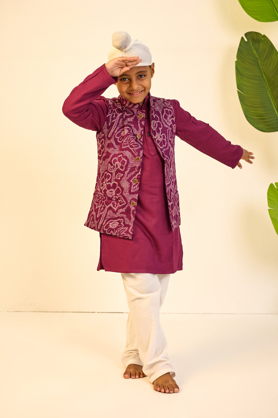 BOYS PURPLE MUSLIN JACKET WITH PURPLE KURTA AND PAJAMA (SET OF 3) + GIRLS PURPLE MUSLIN KURTI PANT WITH SHORT JACKET AND DUPATTA (SET OF 3)