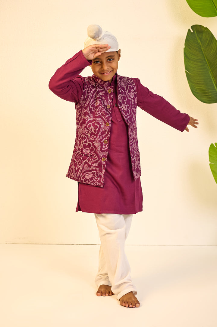 BOYS PURPLE MUSLIN JACKET WITH PURPLE KURTA AND PAJAMA (SET OF 3) + GIRLS PURPLE MUSLIN KURTI PANT WITH SHORT JACKET AND DUPATTA (SET OF 3)