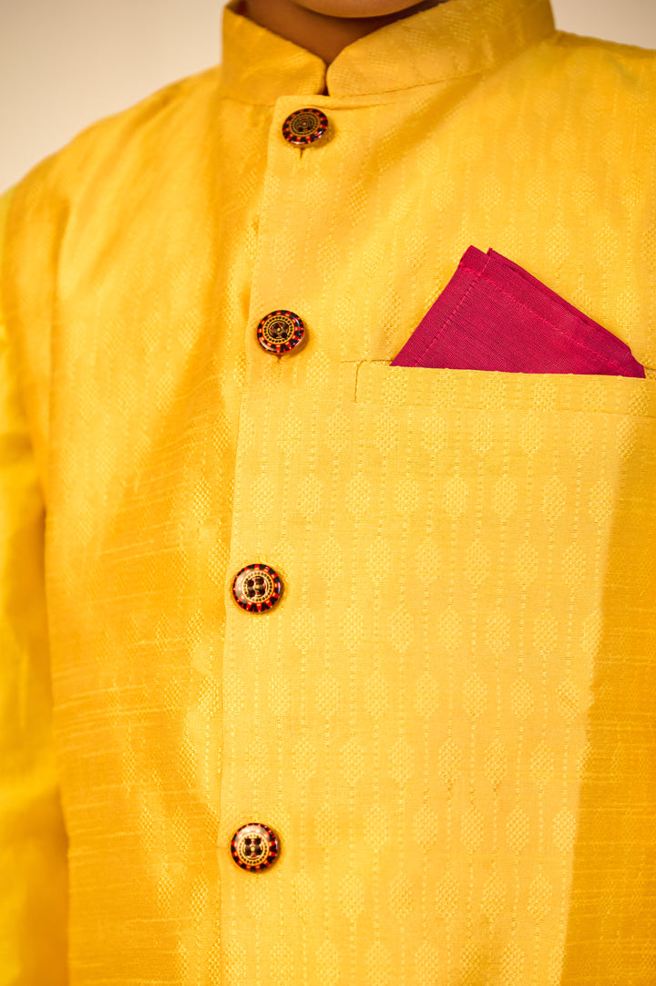 BOYS YELLOW KURTA WITH YELLOW SILK BLEND JACKET AND PAJAMA (SET OF 3)