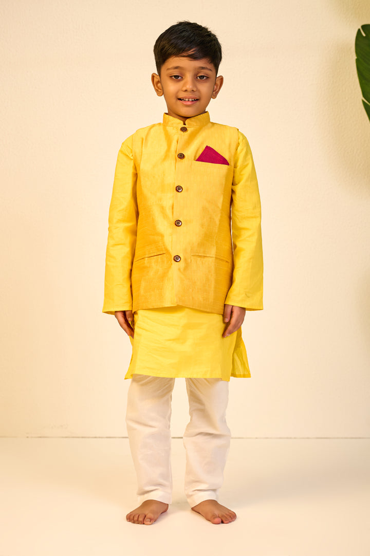 BOYS YELLOW KURTA WITH YELLOW SILK BLEND JACKET AND PAJAMA (SET OF 3)