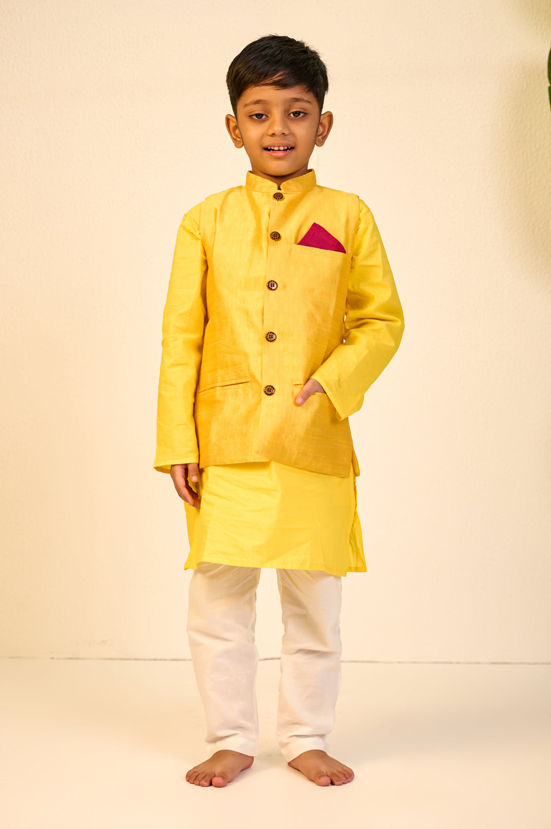 BOYS YELLOW KURTA WITH YELLOW SILK BLEND JACKET AND PAJAMA (SET OF 3)