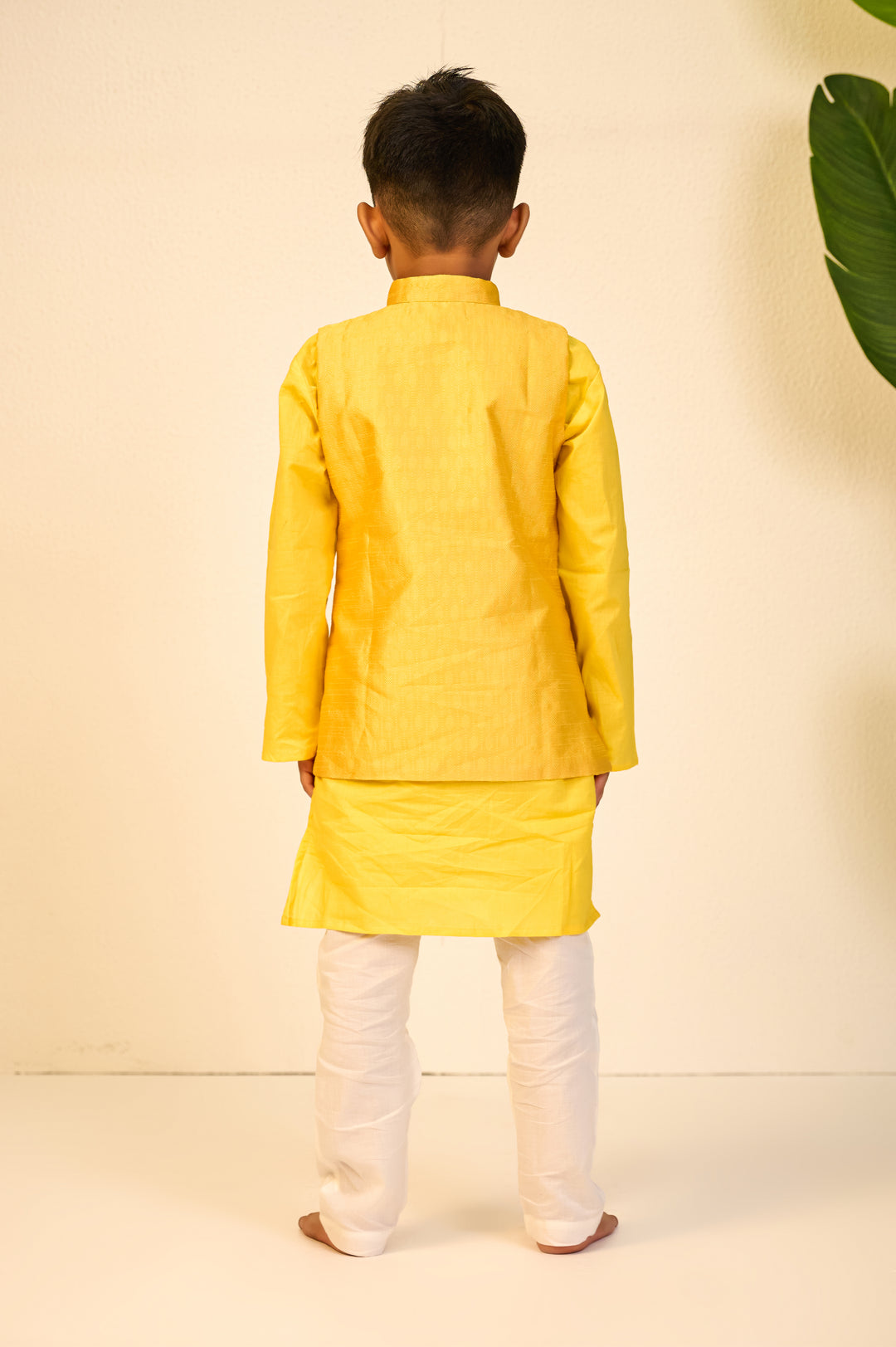 BOYS YELLOW KURTA WITH YELLOW SILK BLEND JACKET AND PAJAMA (SET OF 3)