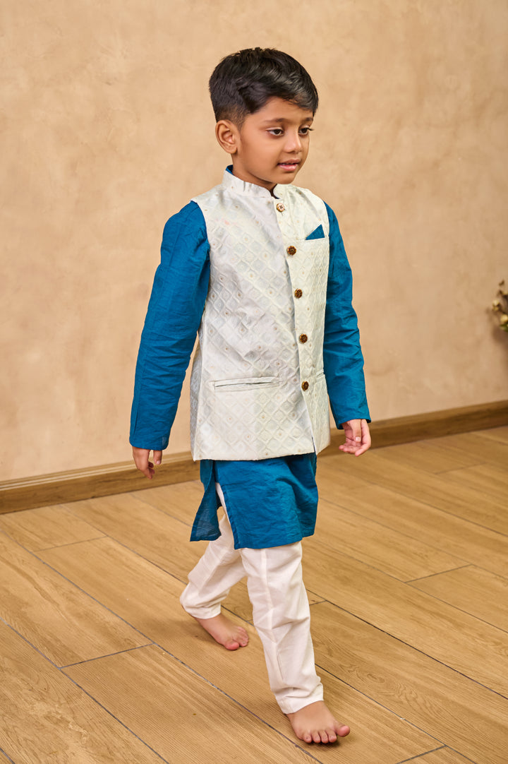 BOYS BLUE KURTA WITH LIGHT BLUE SILK BLEND JACKET AND PAJAMA (SET OF 3)