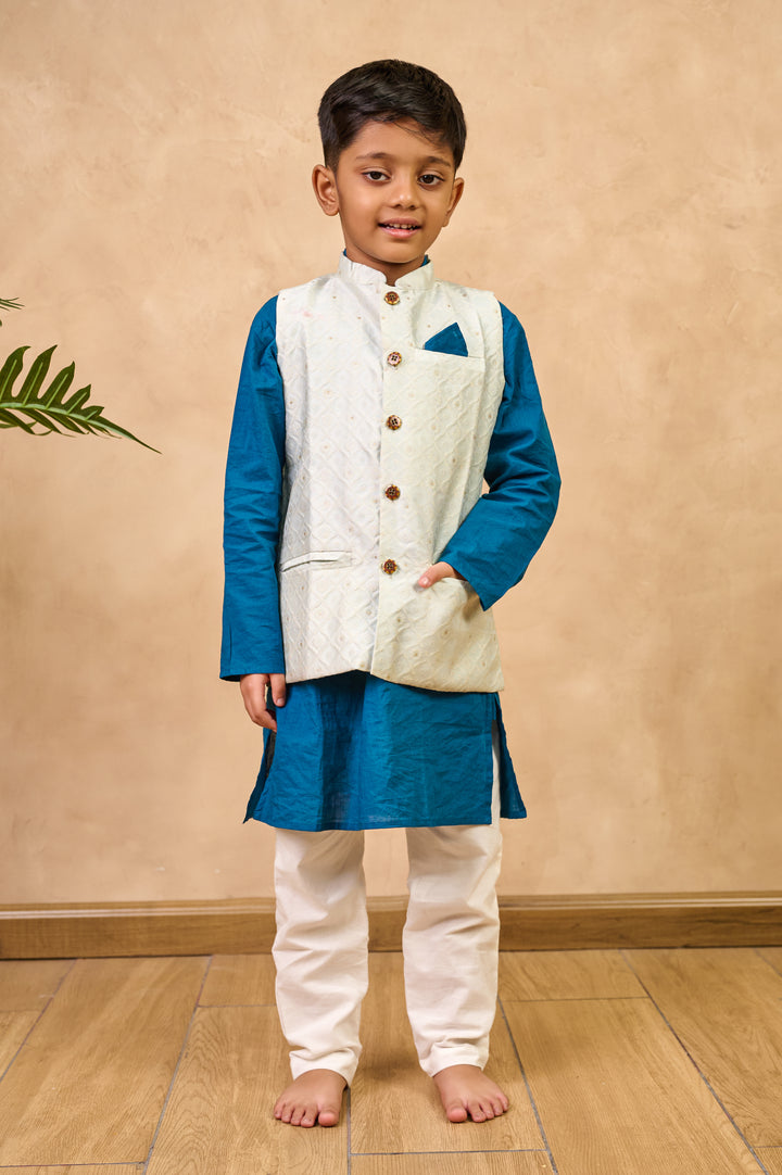 BOYS BLUE KURTA WITH LIGHT BLUE SILK BLEND JACKET AND PAJAMA (SET OF 3)