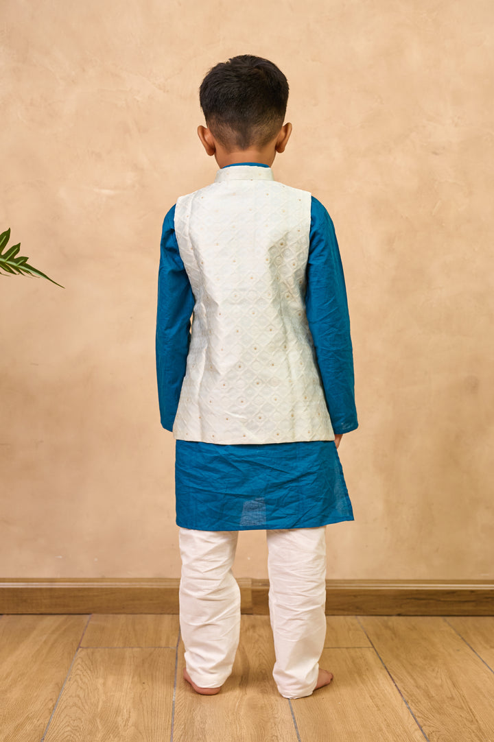 BOYS BLUE KURTA WITH LIGHT BLUE SILK BLEND JACKET AND PAJAMA (SET OF 3)