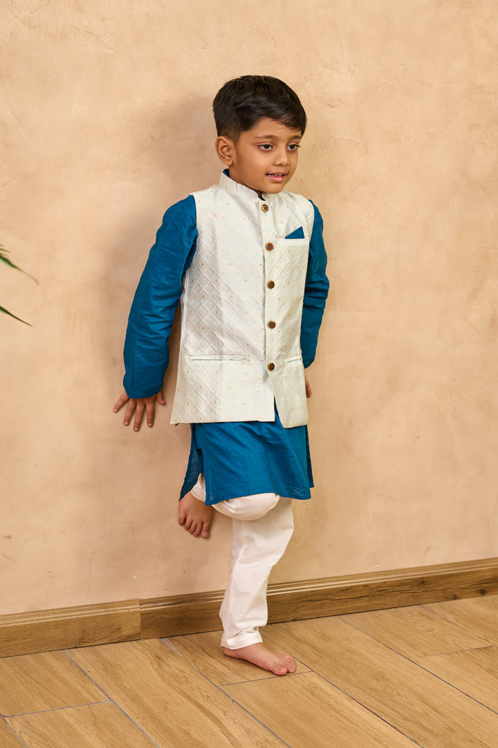 BOYS BLUE KURTA WITH LIGHT BLUE SILK BLEND JACKET AND PAJAMA (SET OF 3)