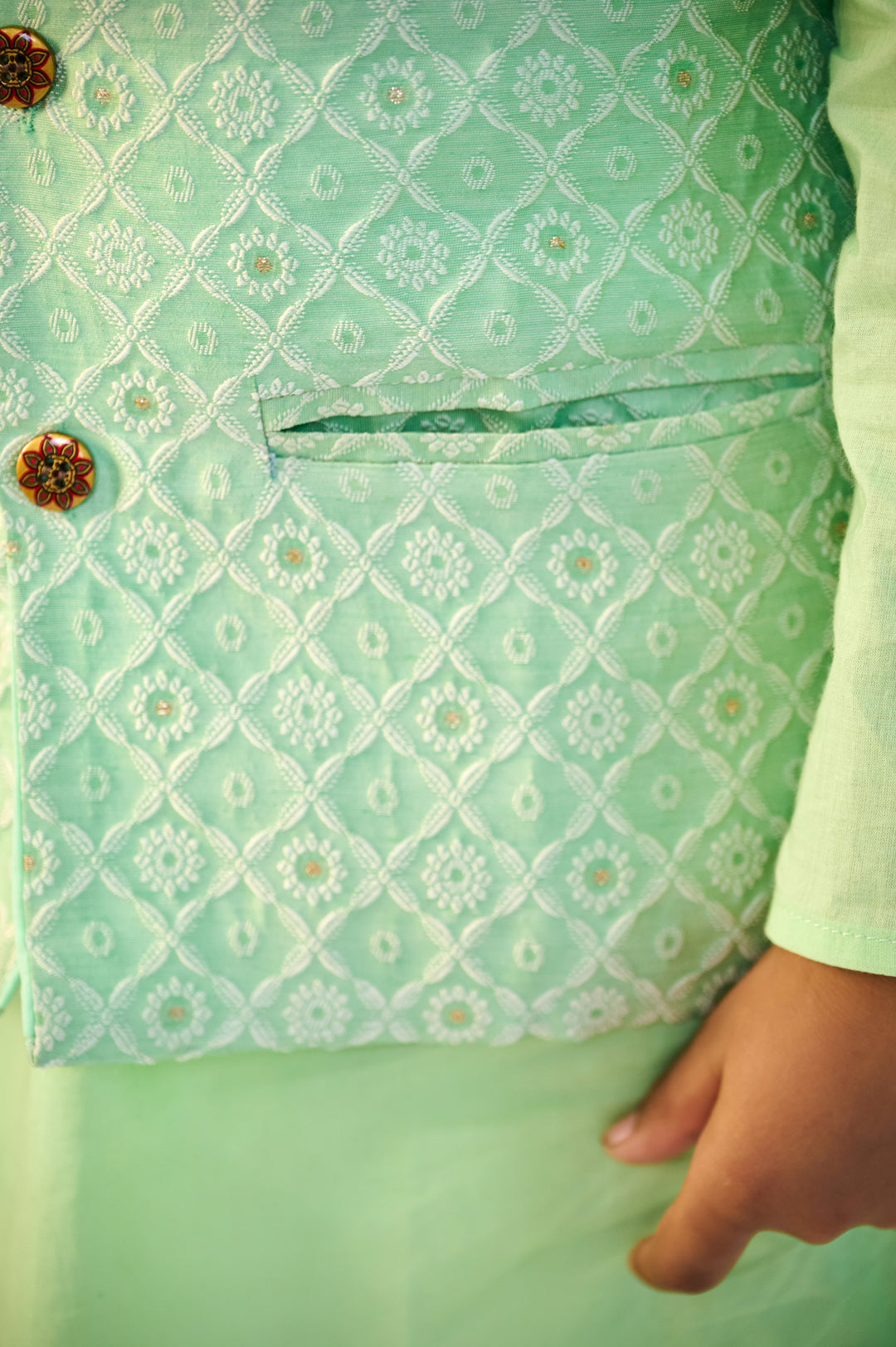 BOYS PASTEL GREEN KURTA WITH PASTEL GREEN SILK BLEND JACKET AND PAJAMA (SET OF 3)