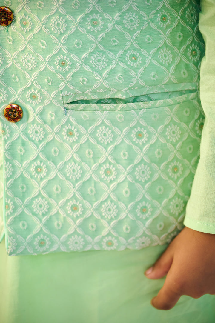 BOYS PASTEL GREEN KURTA WITH PASTEL GREEN SILK BLEND JACKET AND PAJAMA (SET OF 3)